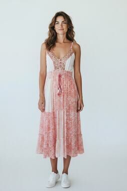 Me 2 Magic Sequin Embroidered Coral Pink Sleeveless Bohemian Maxi Dress Size M